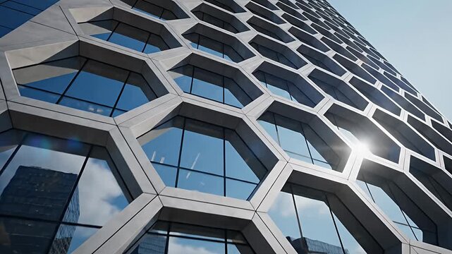 Stunning modern skyscraper with a unique hexagonal facade and reflective glass windows capturing the urban environment featuring contemporary architectural