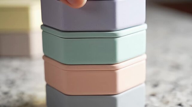 Aesthetic Stack of Pastel Hexagonal Storage Containers for Home Organization Modern Minimalist Design with Soft Colors for Stylish Interior Decor and Practical 