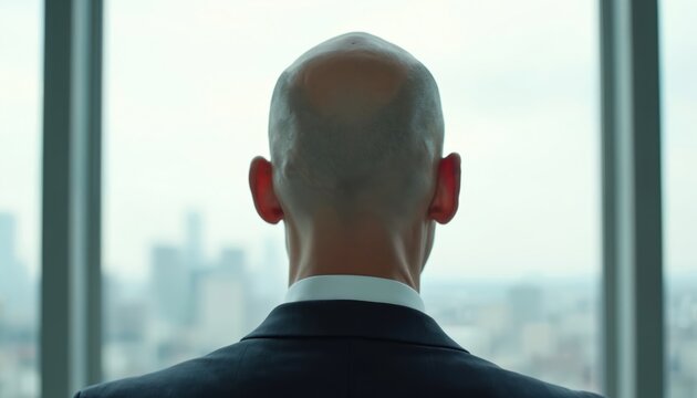Bald man in business suit stands facing large office window. Looks out at blurred city landscape view from tall building. Professional person thoughtful, observing urban structures. Corporate