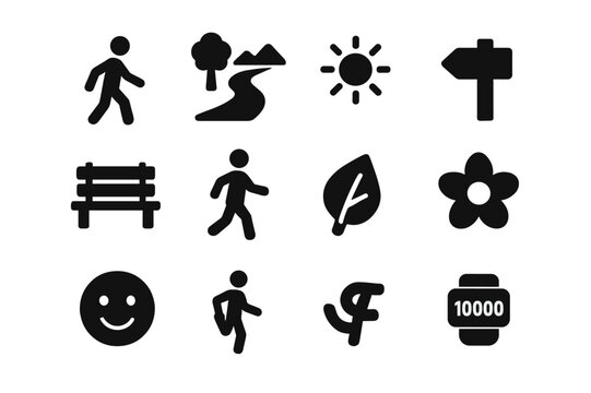 Leisure Walk Icons. Leisure walk. Solid icon set of Leisure walk: casual walking figure, relaxed arms, park path, nature scenery, sun icon, trail marker,