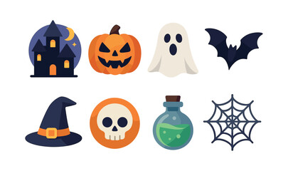 Fototapeta premium Halloween icons set, flat vector illustration with spooky elements and witch hat