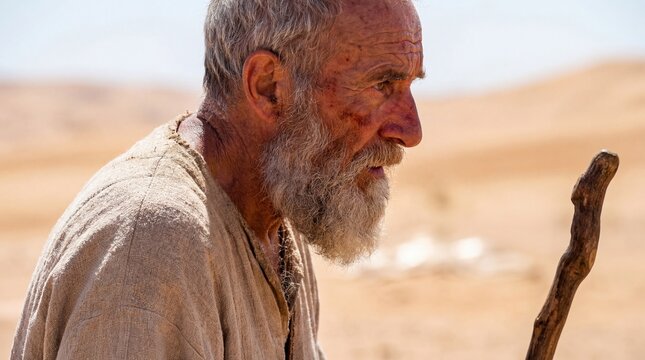 Prophet Walking Through the Desert With Wooden Staff - The 40 Years of Wandering to the Promised Land.