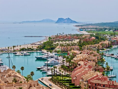 aerial view of Sotogrande, marina with boats and yachts, Rock of Gibraltar and Africa at the horizon, San Roque, Torreguadiaro, Costa del Sol, C&aacute;diz, Andalusia, Malaga, Spain