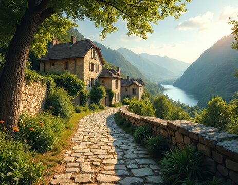 Stone path winds through rustic village on sunny summer day. Old houses overlook river in green mountain valley. Idyllic countryside landscape for travel tourism in Europe. Peaceful nature scenery