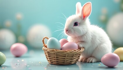 Cute white rabbit sits near basket with colored easter eggs on soft background. Easter bunny with pastel colors celebration composition. Holiday spring vibes and easter egg hunt fun.