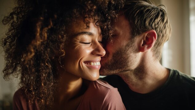 Loving couple sharing a tender kiss in soft natural light, eyes closed and smiling, close-up moment of affection with warm shadows and cozy atmosphere, concept of intimacy, happiness and connection