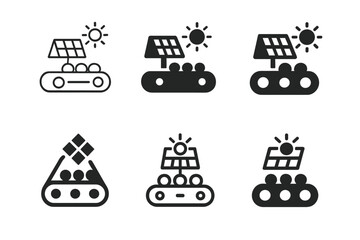 Mining Energy Icons. Efficient energy use in mining industries. Icon set. Set Logo of efficient energy use in mining industries: conveyor belt with solar panel