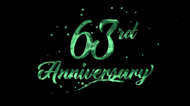 63rd anniversary text animation in green metallic effect. suitable for celebrating special occasions, invitations, anniversary cards and social media. Includes alpha channel for any background.