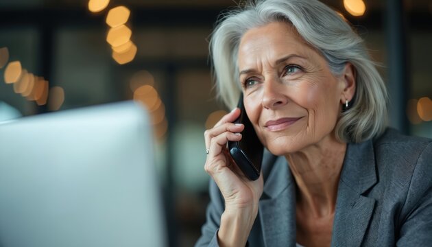 Senior business woman talks on phone in office. Mature lady has mobile conversation. Confident female uses telephone for business call. Workplace is modern with stylish decoration and laptop