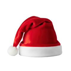 A vibrant red Santa Claus hat with a white brim and fluffy pom-pom, isolated on a clean white background.