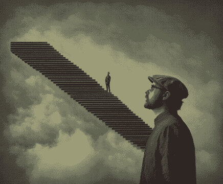 A surreal illustration of a man gazing at ascending stairs against a cloudy backdrop.