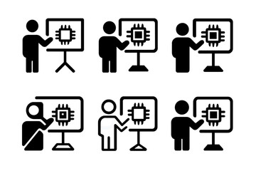 Tech Conference Logos. tech conference presentation. Icon set. Set Logo of tech conference presentation: tech slides with pointer. harmonious logo variations