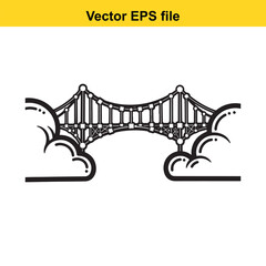 Obraz premium Black and white vector line art icon of a suspension bridge structure spanning between two cloud formations, isolated on white background