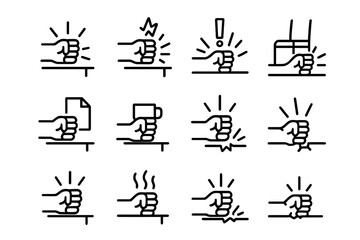 Impactful Fist Icons. Fist hitting table. Line icon set of fist hitting table: fist, table, impact lines, sound burst, hand, anger symbol, chair, paper, coffee