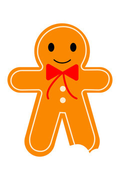 Cheerful gingerbread man vector illustration with smiling face, red bow tie, and white icing outline. Perfect for Christmas, holiday baking, and festive seasonal design projects. High-res PNG