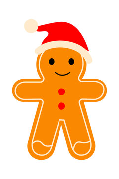 Cute gingerbread cookie character wearing a red Santa hat, with simple icing details, red buttons, and a smiling face . Perfect for Christmas and holiday-themed designs, social media, card. High-res