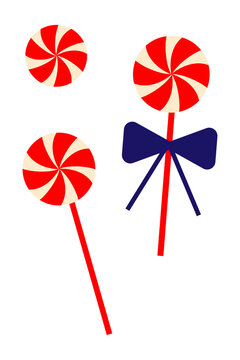 Red and white swirl lollipop set in flat vector style. Holiday candy sticks and a ribboned lollipop. Perfect for Christmas designs, candy shop graphics, party decor, stickers, cards, packaging. PNG