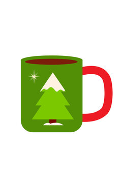 Festive Christmas mug vector illustration. A green cup with a red handle, snowy pine tree, and star accent. Perfect for holiday, winter designs, cozy drink graphics, cards, stickers, decor. PNG