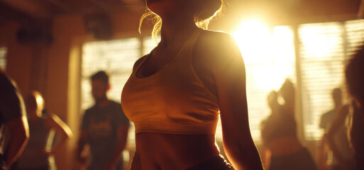 A woman performs aerobic dance in heated fitness studio as strong sunlight creates rim light and a soft silhouette warm tones energetic movement lively upbeat routine.