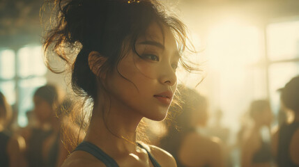 A woman performs aerobic dance in heated fitness studio as strong sunlight creates rim light and a soft silhouette warm tones energetic movement lively upbeat routine.