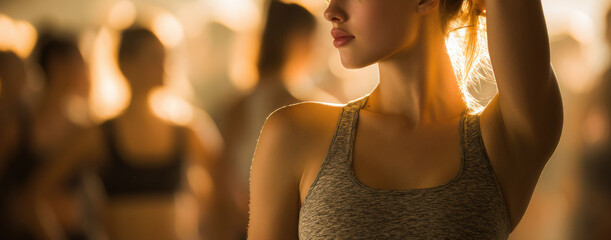 A woman performs aerobic dance in heated fitness studio as strong sunlight creates rim light and a soft silhouette warm tones energetic movement lively upbeat routine.
