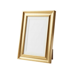 A gold-colored picture frame stands upright, angled slightly, showcasing a blank white space for an image.