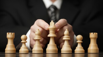 Businessman in suit arranging wooden chess pieces on a board, symbolizing strategic thinking and leadership, corporate career development and talent management concept