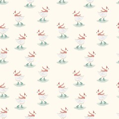 Christmas  Goose Skating with Red Scarf, Christmas Seamless Pattern on Creamy Light Background