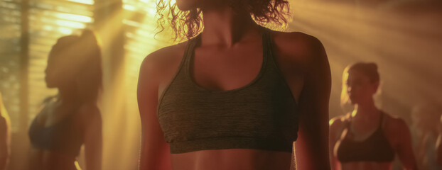A woman performs aerobic dance in heated fitness studio as strong sunlight creates rim light and a soft silhouette warm tones energetic movement lively upbeat routine.