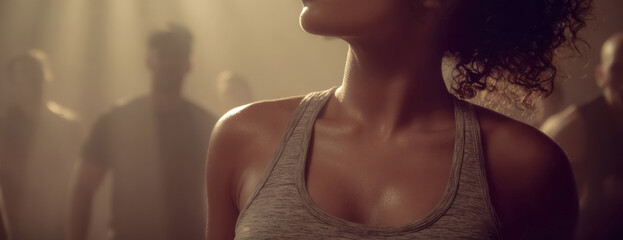 A woman performs aerobic dance in heated fitness studio as strong sunlight creates rim light and a soft silhouette warm tones energetic movement lively upbeat routine.