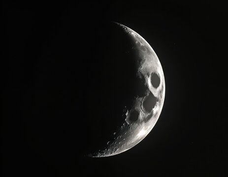 Close up of bright crescent moon in dark night sky. Visible moon surface shows many craters, rugged terrain. Light illuminates lunar features for astronomy study, space science research, lunar phase. - Powered by Adobe