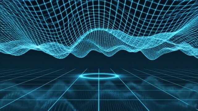 A blue wireframe landscape with a grid floor and a glowing circle in a dark abstract background