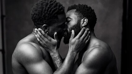 Intimate black-and-white portrait of two men sharing a loving connection with passionate kiss.