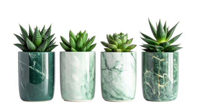 Collection of Four Succulent Plants in Marble Planters on a Transparent Background