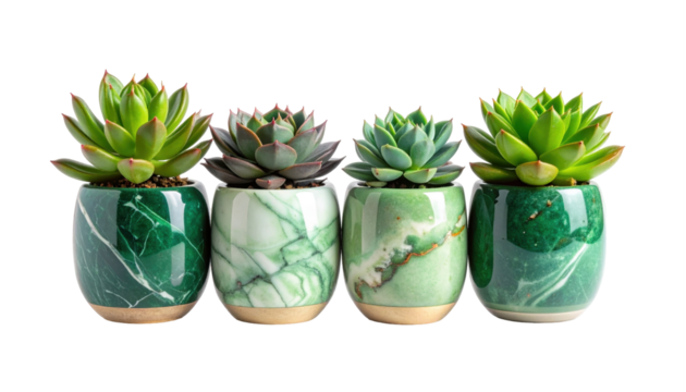 Collection of Four Succulent Plants in Stylish Marble Patterned Pots on Transparent Background