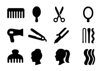 Obraz premium Timeless Hairstyle Icons. Timeless hairstyle. Solid icon set of Timeless hairstyle: comb, hairbrush, scissors, mirror, hair dryer, straightener, curling iron,