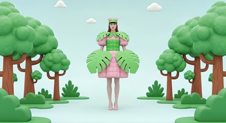 A stylized woman in a whimsical dress stands amidst a cartoon forest setting with trees and clouds.