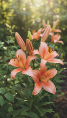 Fototapeta premium Peach lily bloom with water droplets in sunlit garden, soft bokeh background and fresh green foliage evoking calm and natural beauty