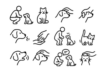 Fototapeta premium Street Pet Interaction Icons. Interacting with street pets. Line icon set of interacting with street pets: crouching person, happy dog, relaxed cat, petting