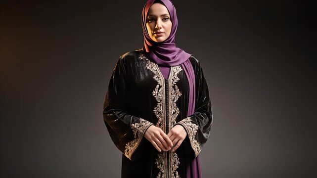Close-up studio portrait of a woman adorned in a luxurious black velvet kaftan featuring detailed gold embroidery on the front. She wears a vibrant purple silk hijab, highlighting her elegant profile.