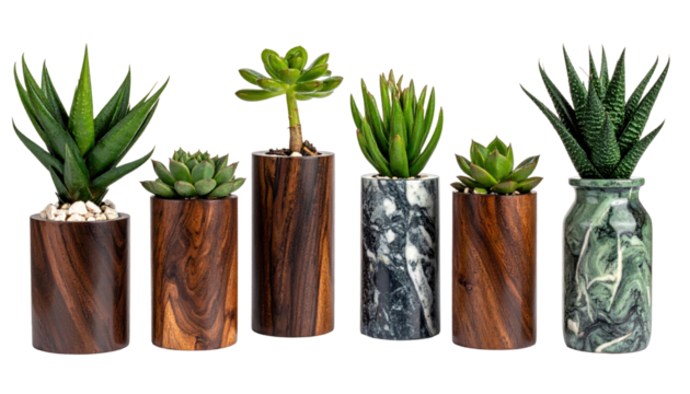 Collection of Various Succulent Plants in Wooden Pots on Transparent Background