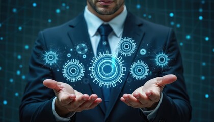 Business professional in blue suit holds digital glowing gears. Represents smart management, technology solutions, future industry innovation. Shows control over complex systems, efficient strategy
