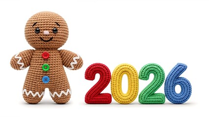 A cheerful crocheted gingerbread man stands next to colorful handmade numbers spelling out 2026 on a clean white background. Perfect for New Year greetings or holiday crafting themes.
