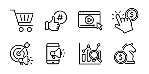 Digital marketing set of web icons in line style. Marketing icons for web and mobile app. Communication, advertising, ecommerce, seo, content, product, target audience, website, social media and more