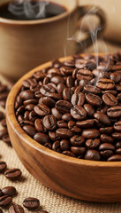 Fototapeta premium Steaming roasted coffee bean in wooden bowl closeup, aromatic rich brown coffee aroma evokes cozy morning comfort and rustic warmth