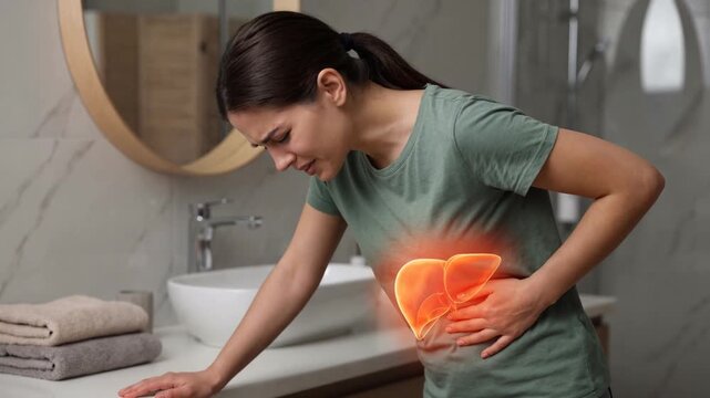 Woman with severe liver pain holding her abdomen in a bathroom setting.