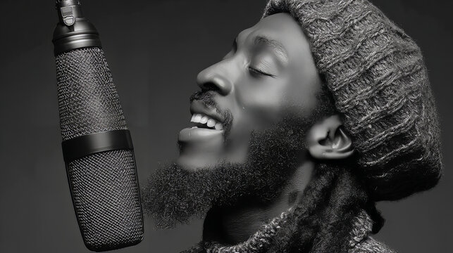 Musician singing passionately into a microphone during a studio recording session in a cozy atmosphere