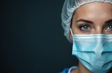 Pro woman medic wears medical mask and surgical cap looking serious. Healthcare worker protects against illness wearing protective gear in studio. Focused eyes show determination.