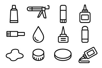 Adhesive Tools Icons. Adhesive kit. Line icon set of Adhesive kit: glue tube, caulking gun, glue stick, adhesive bottle, glue brush, glue drop, nozzle tip,