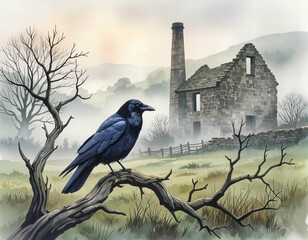 crow perched on branches in a foggy moorland landscape landscape with a picturesque ruined mill building